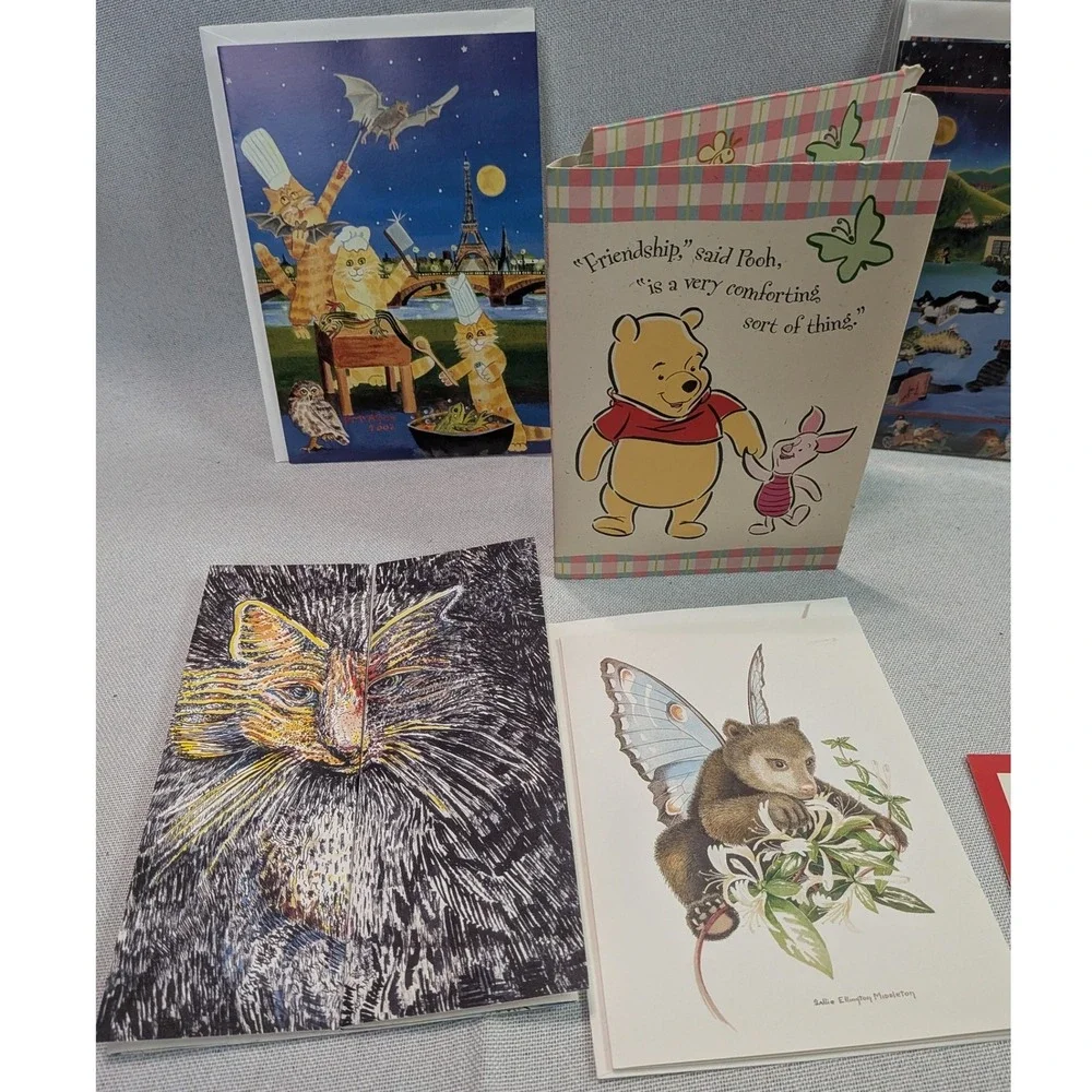 Mixed Greeting Cards Lot 8ct Multicolor Good Vintage Disney Cats Fairy Art